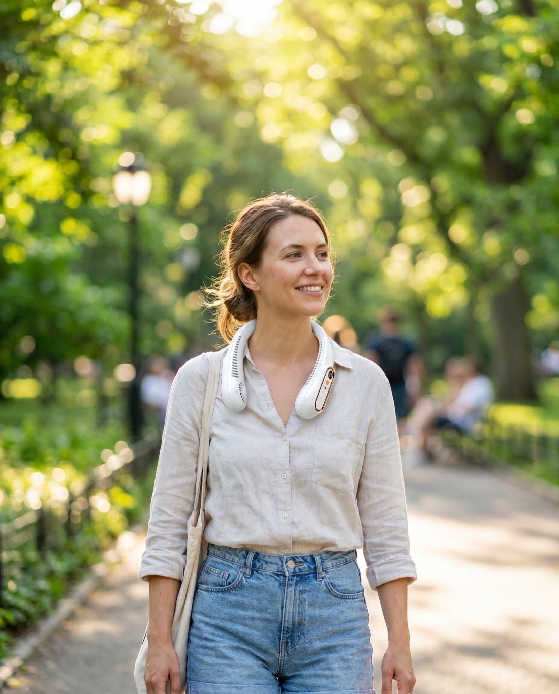 Femme en balade dans un parc avec le ventilo de cou Airzy blanc